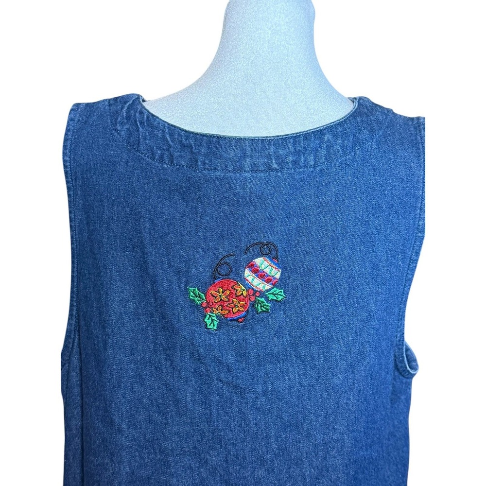 Vintage Christmas Denim Jumper Dress Womens 12 Embroidered Teacher‎ Midi - Picture 10 of 16